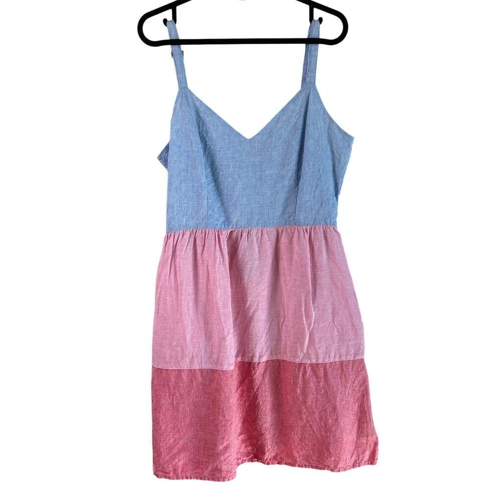 Cynthia Rowley Dress Blue Pink Women 6 Linen Colorblock Mini Adjustable Straps